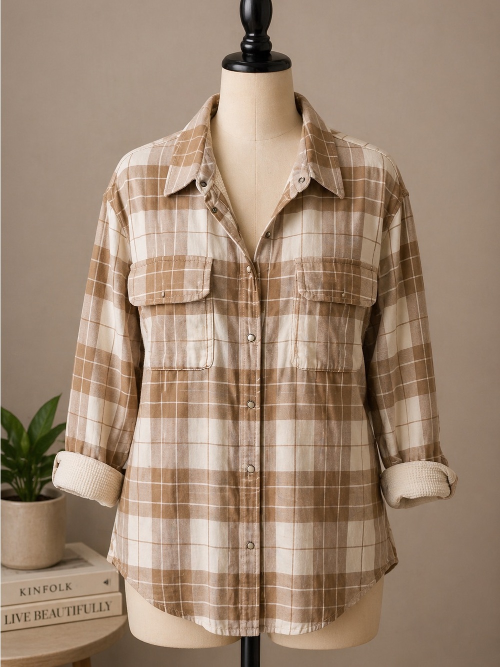 American Eagle Outfitters Brown and Cream Plaid Button-Down Shirt